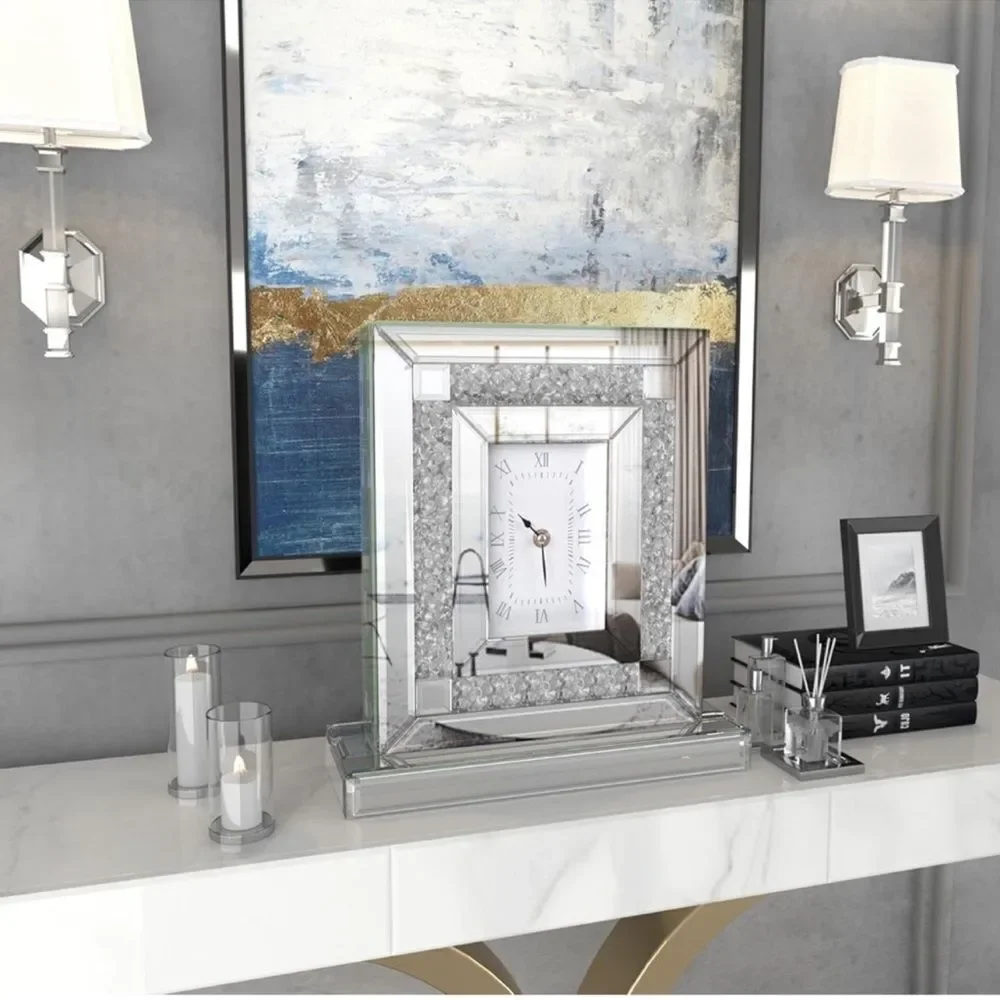 Clock Hollywood Glam Crystal Crush Diamond Mirrored 11.5” Tall 10” Base Quartz